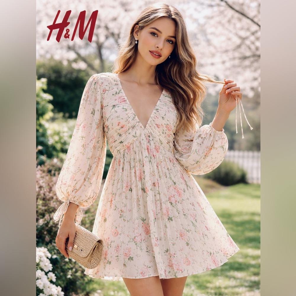 (SOLD)H&M, Floral Plisse Mini Dress Romantic Garden Party Boho V-Neck,EUC,Size - Picture 1 of 8